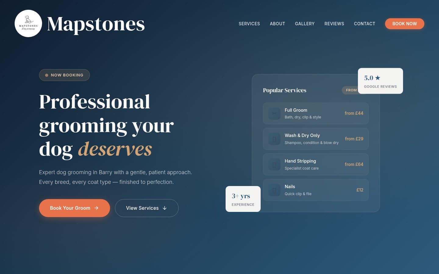 Mapstones Dog Grooming — professional grooming website built by Studio 72