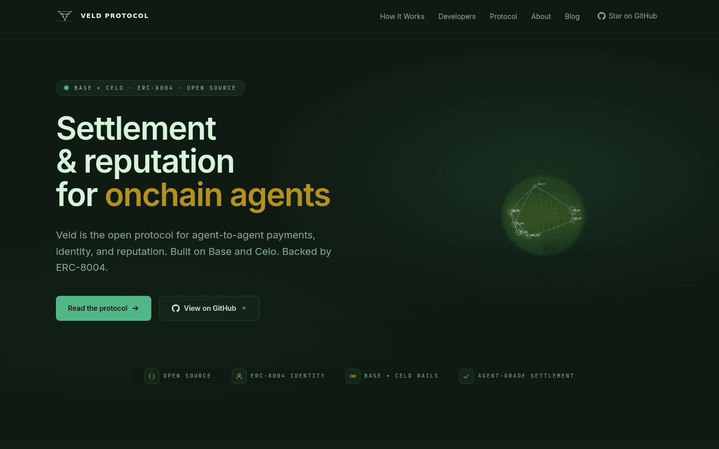 Veld Protocol — flagship animated hero with kinetic typography and architectural settlement-network diagram